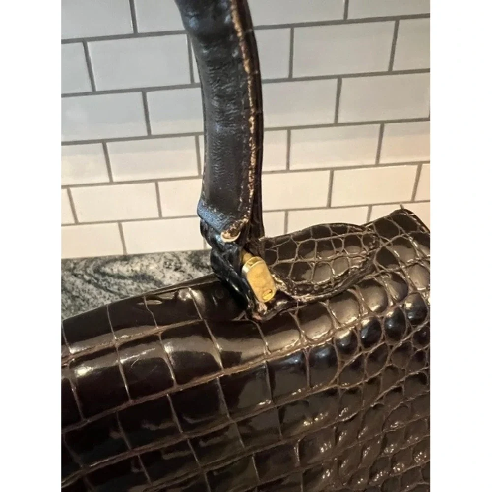 Vintage Calbert Italy Crocodile Belly Handbag Brown Cocco Bidente Turnlock FLAW